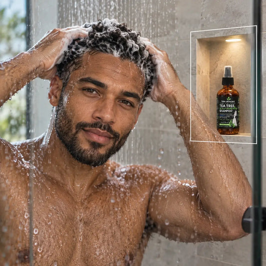 Man massaging Fate Skincare Tea Tree Scalp Renewal Shampoo into wet hair during a shower, featuring the 4 oz amber bottle for concentrated scalp care.