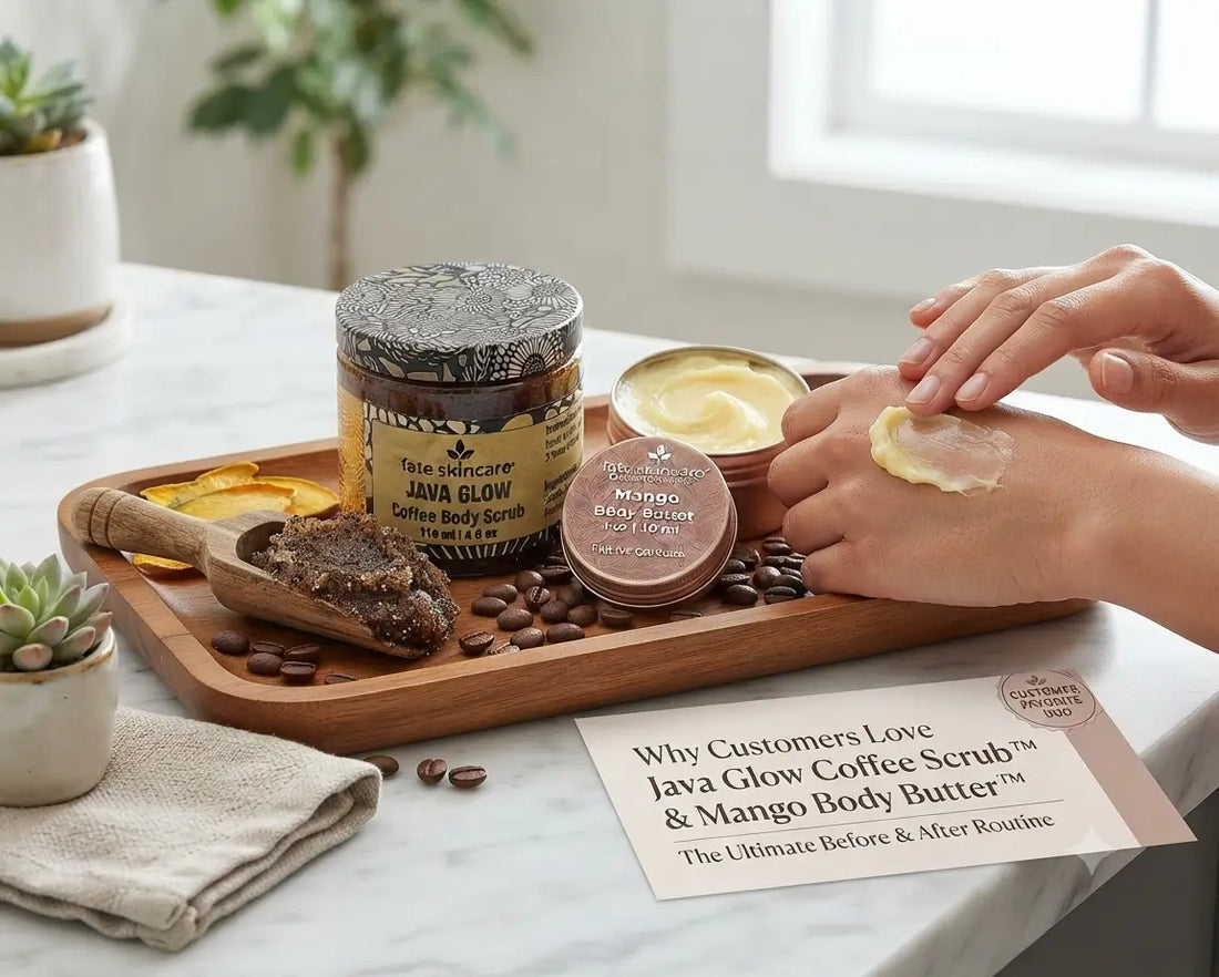 Hands showcasing a Java Glow Coffee Scrub and Mango Body Butter jar on a wooden display tray with a sign explaining Fate Skincare's Try Before You Buy ritual.
