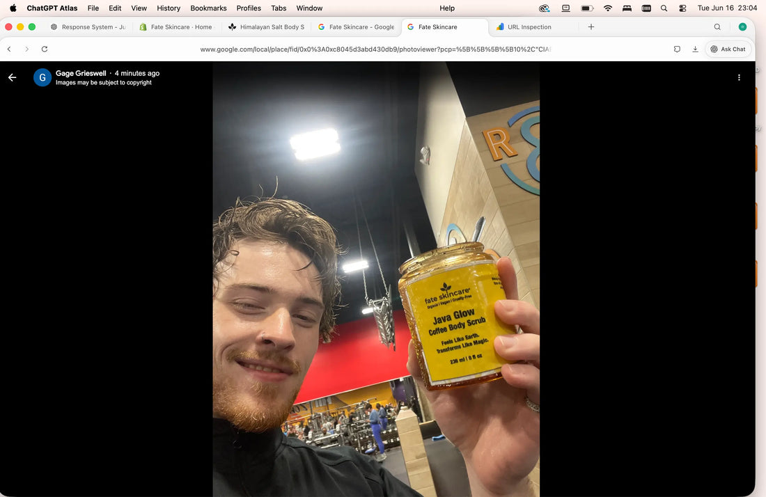 A Crunch Fitness West Plano member shares a selfie with Java Glow Coffee Scrub™ after experiencing the product firsthand and leaving a 5-star review.