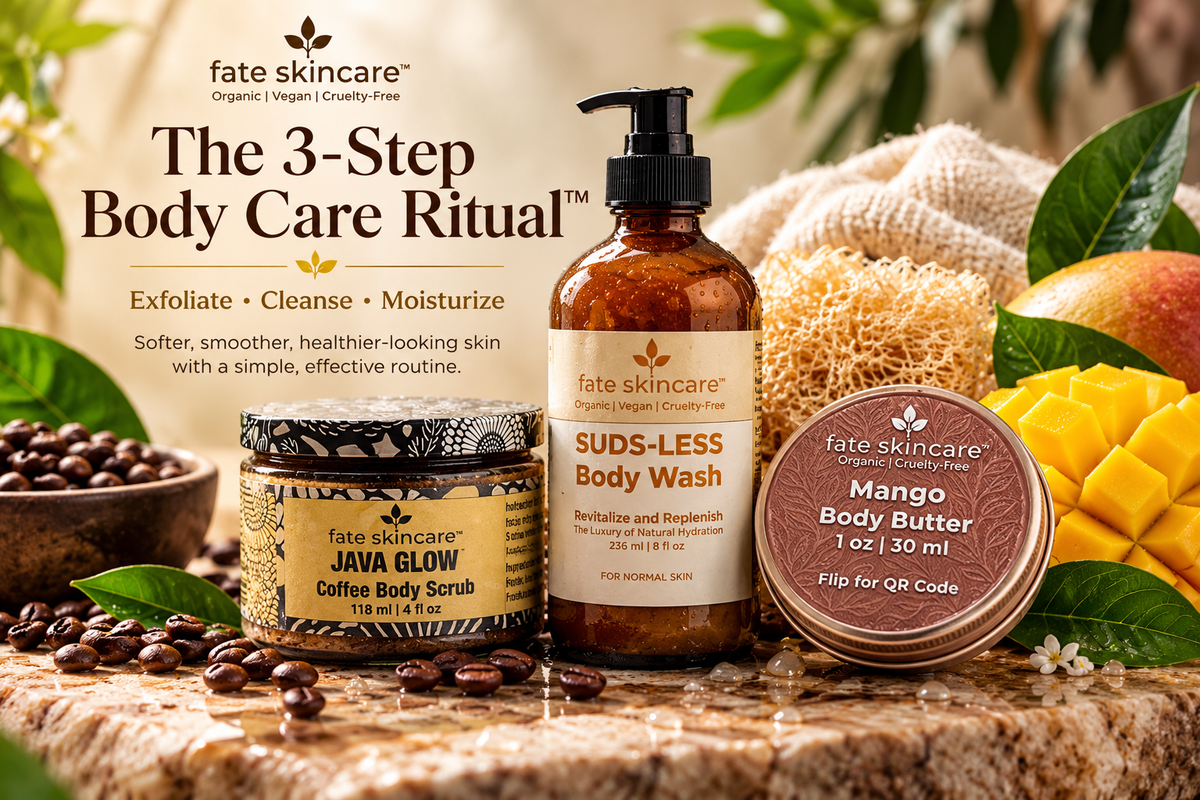 Fate Skincare three-step body care ritual featuring Java Glow Coffee Scrub, Suds-less Body Wash, and Mango Body Butter