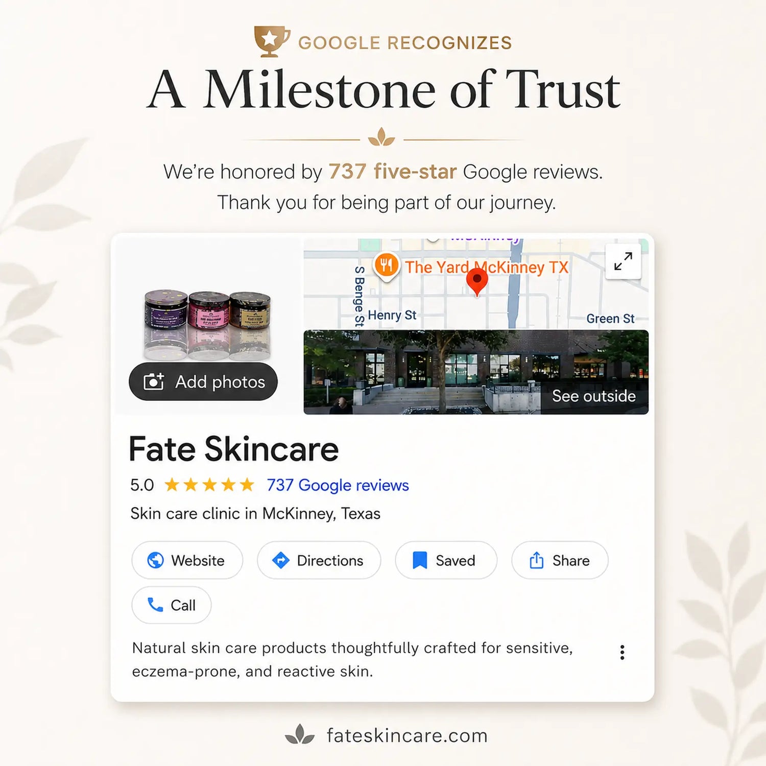 Fate Skincare Google Business Profile featuring 737 five-star Google reviews in McKinney, Texas, highlighting trusted eczema-safe skincare for sensitive and reactive skin.