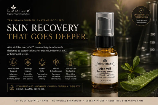 Premium Fate Skincare Aloe Veil Recovery Gel™ advertisement featuring an amber glass airless pump bottle on a reflective dark surface with aloe vera leaves, botanical elements, and luxury clinical spa lighting. The ad highlights trauma-informed skin recovery, oncology-inspired barrier support, eczema-safe formulation, and multi-system skin restoration for sensitive and reactive skin.