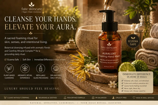 Luxury Google display ad featuring Fate Skincare’s AuraLuxe™ Foaming Hand Wash in an amber glass bottle beside a warm travertine sink in a spa-inspired bathroom. The ad highlights eczema-safe cleansing, soft skin benefits, immediate comfort after washing, botanical aromatherapy, refillable glass packaging, and a calming luxury wellness aesthetic with flowers, citrus, steam, and soft natural lighting.