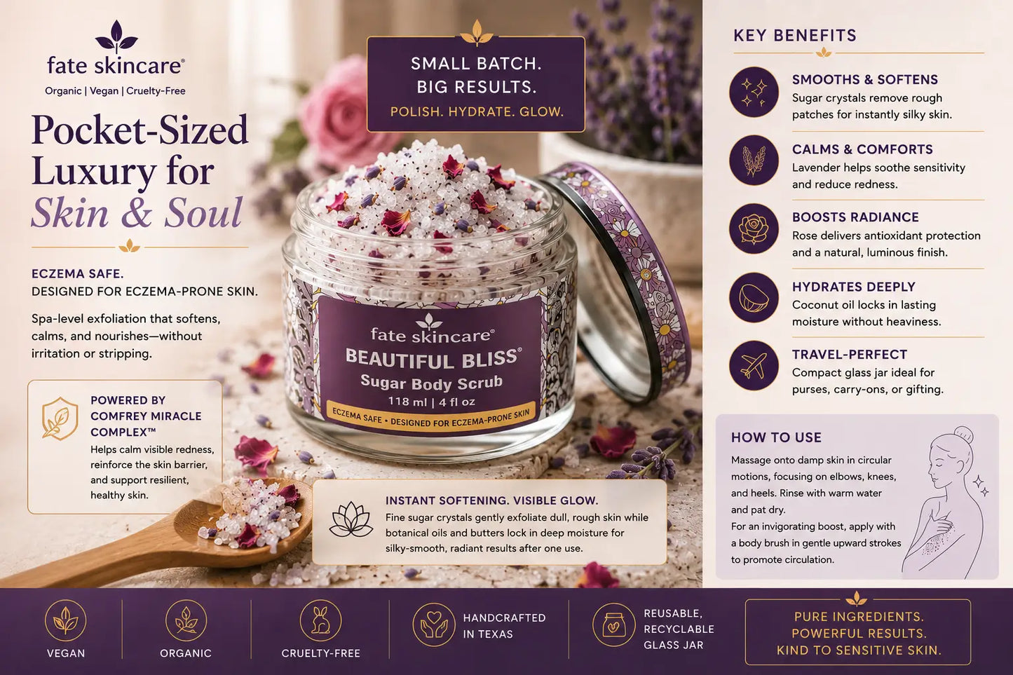 Luxury spa-inspired skincare advertisement featuring Fate Skincare’s Beautiful Bliss™ Sugar Body Scrub displayed with white sugar crystals, crimson rose petals, and lavender buds in an elegant wellness setting. The eczema-safe exfoliating scrub is designed for sensitive and eczema-prone skin, delivering instant softness, deep hydration, and radiant glow with Comfrey Miracle Complex™ and botanical oils.