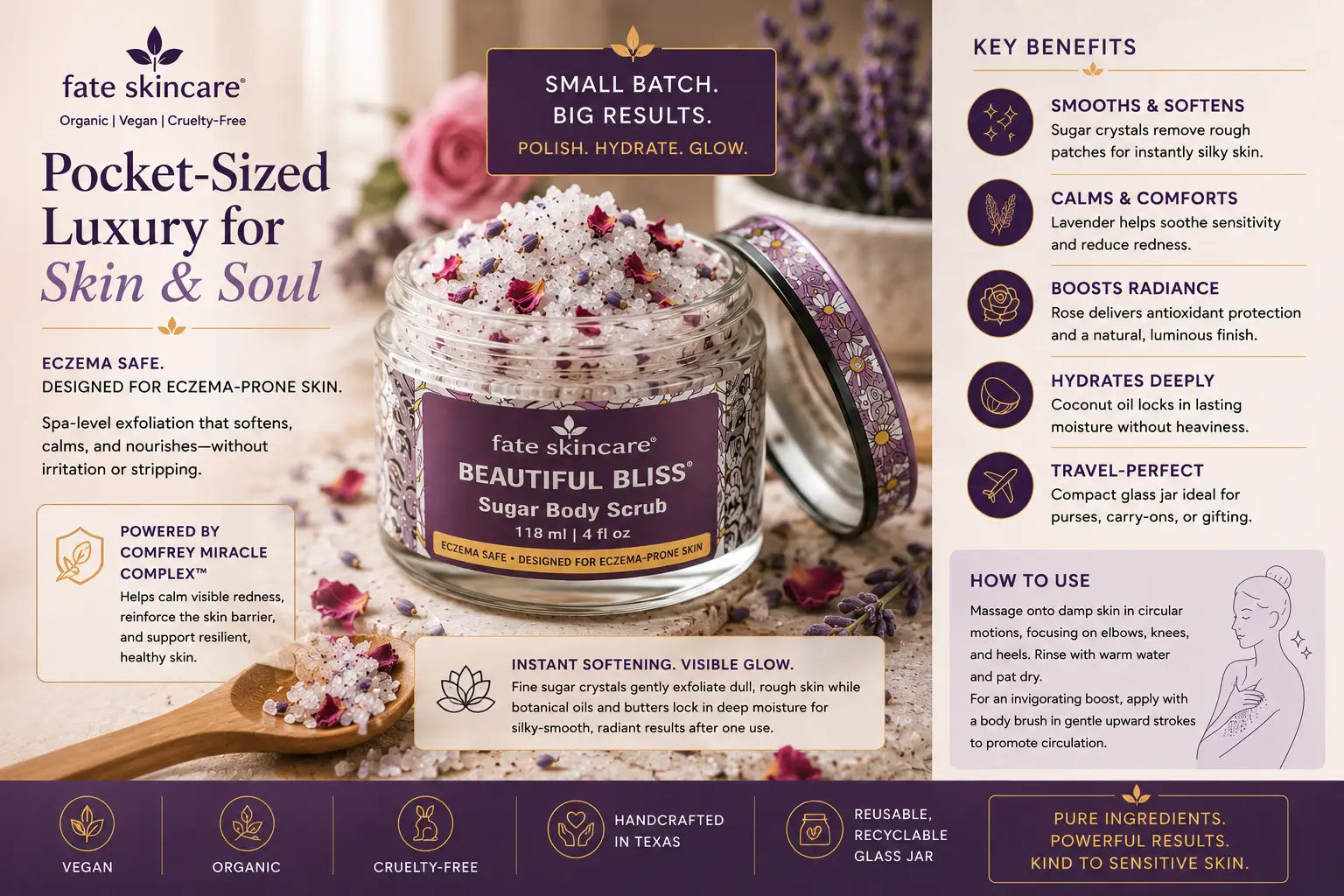 Luxury spa-inspired skincare advertisement featuring Fate Skincare’s Beautiful Bliss™ Sugar Body Scrub displayed with white sugar crystals, crimson rose petals, and lavender buds in an elegant wellness setting. The eczema-safe exfoliating scrub is designed for sensitive and eczema-prone skin, delivering instant softness, deep hydration, and radiant glow with Comfrey Miracle Complex™ and botanical oils.