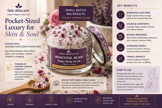 Luxury spa-inspired skincare advertisement featuring Fate Skincare’s Beautiful Bliss™ Sugar Body Scrub displayed with white sugar crystals, crimson rose petals, and lavender buds in an elegant wellness setting. The eczema-safe exfoliating scrub is designed for sensitive and eczema-prone skin, delivering instant softness, deep hydration, and radiant glow with Comfrey Miracle Complex™ and botanical oils.