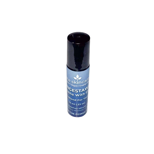 Fate Skincare CongestAway™ essential oil roller bottle photographed upright on a white background with a black cap and blue label.
