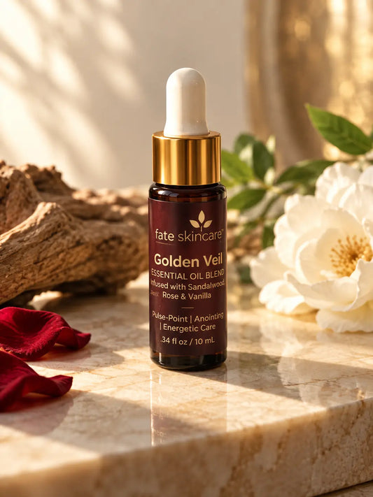 Fate Skincare™ Golden Veil essential oil blend in an amber glass dropper bottle with gold detailing, displayed with sandalwood, florals, and botanicals.