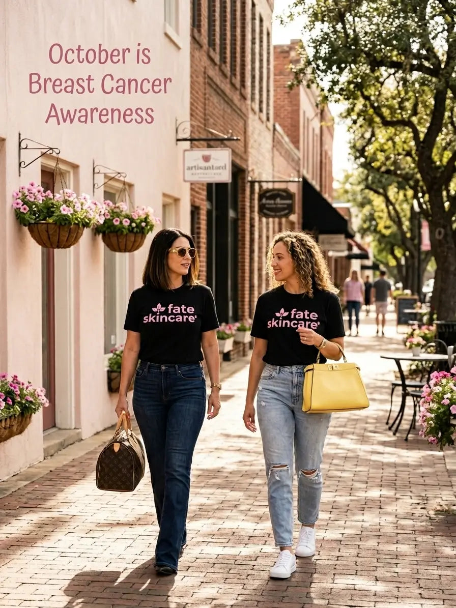 Two women wearing black Fate Skincare™ T-shirts with pink botanical logos walk together along a sunlit, brick-paved downtown shopping street. Pink flowers and Breast Cancer Awareness Month lettering highlight the brand’s October apparel edition.