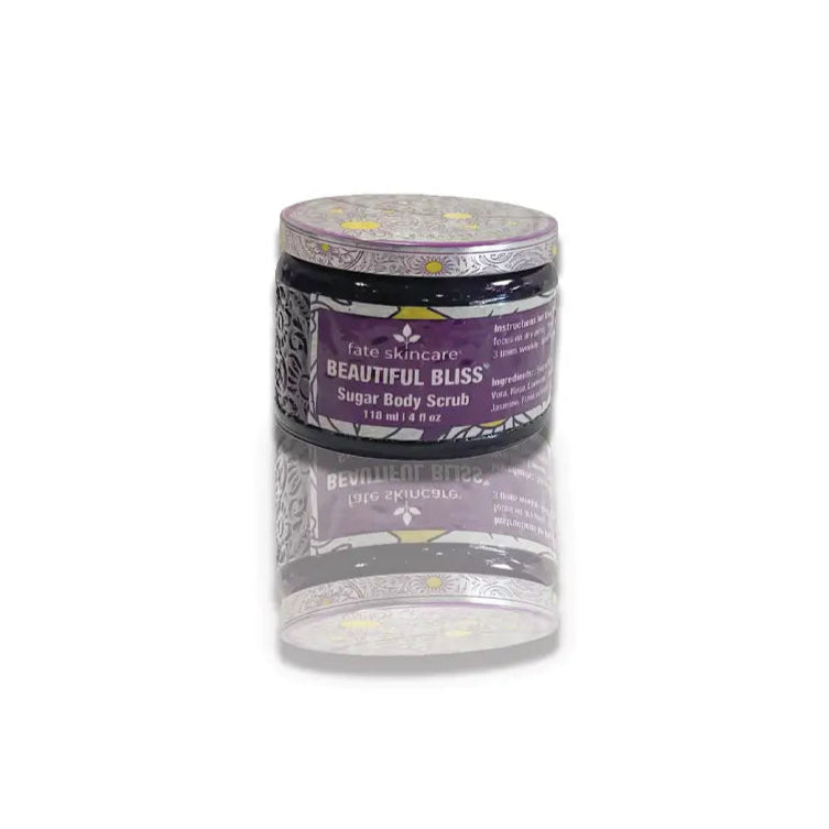 Beautiful Bliss Sugar Body Scrub™ by Fate Skincare in a sleek jar with decorative lid, formulated to exfoliate and leave skin soft, smooth, and radiant.