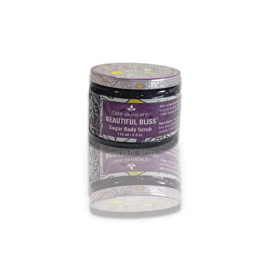 Beautiful Bliss Sugar Body Scrub™ by Fate Skincare in a sleek jar with decorative lid, formulated to exfoliate and leave skin soft, smooth, and radiant.