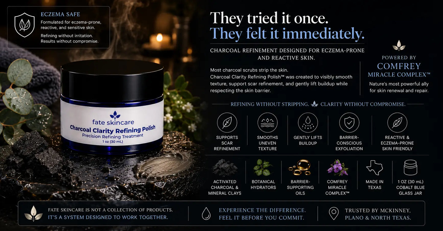 Luxury skincare advertisement featuring Fate Skincare Charcoal Clarity Refining Polish™ in a cobalt blue glass jar on wet black stone with activated charcoal, spa lighting, and messaging focused on eczema-safe gentle skin refinement and scar support.