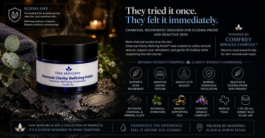 Luxury skincare advertisement featuring Fate Skincare Charcoal Clarity Refining Polish™ in a cobalt blue glass jar on wet black stone with activated charcoal, spa lighting, and messaging focused on eczema-safe gentle skin refinement and scar support.