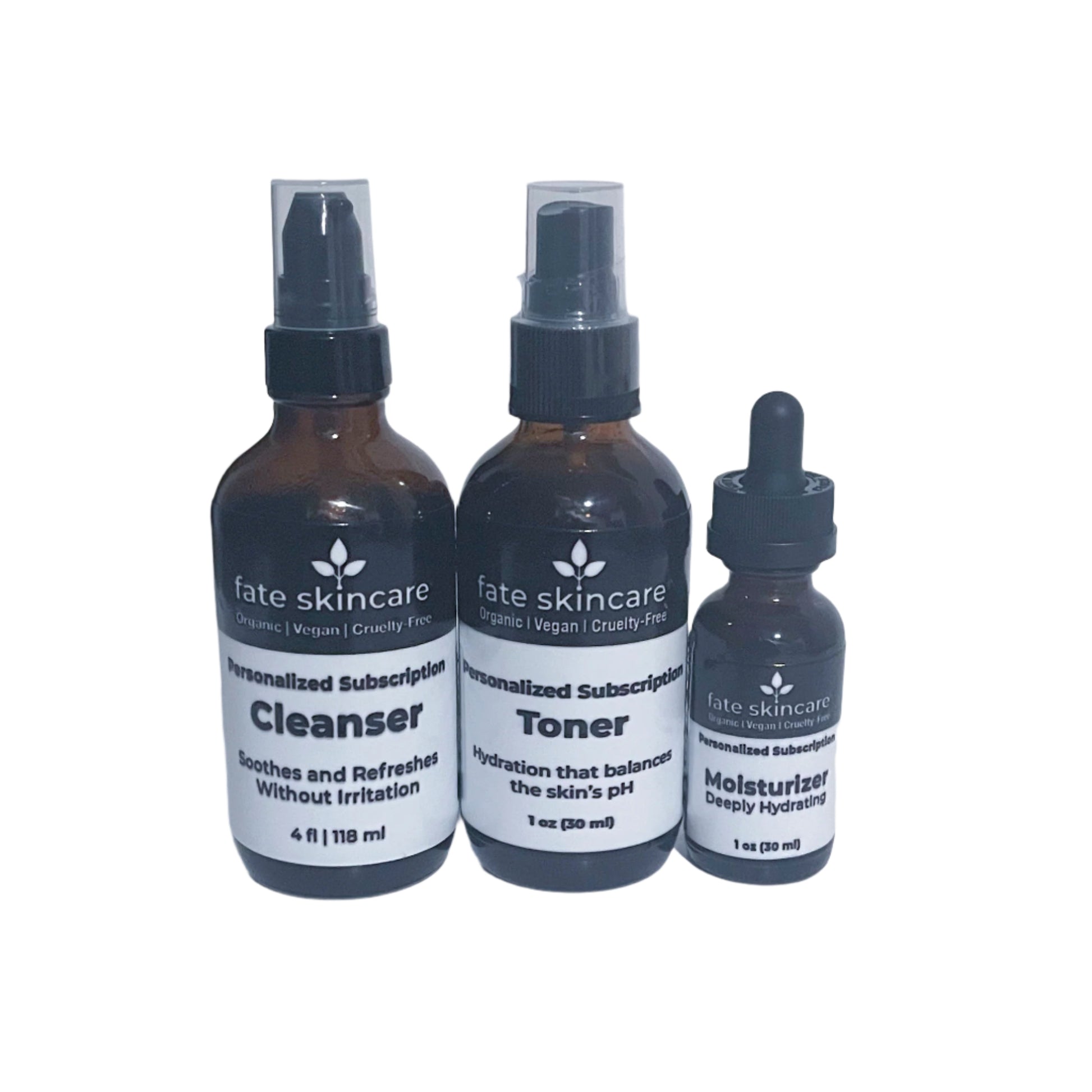 Fate Skincare’s personalized 3-piece skincare subscription with custom cleanser, toner, and hydrating moisturizer from the flagship Custom Ritual line.