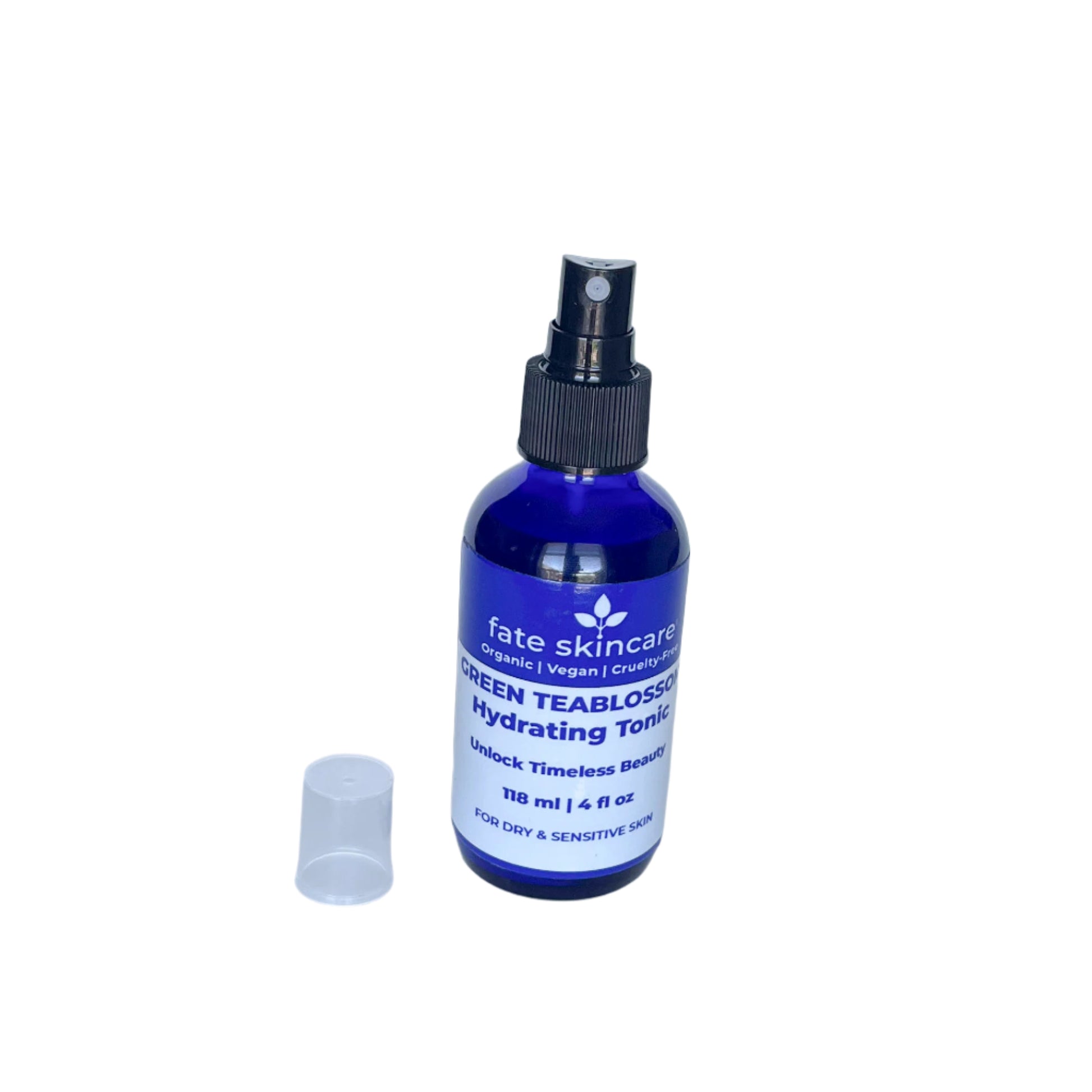 Front-facing image of Fate Skincare's Green Teablossom Hydrating Tonic in a blue spray bottle with label indicating it is designed for dry and sensitive skin.