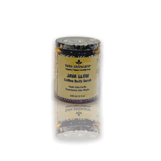 Java Glow Coffee Body Scrub™ in an 8 oz jar by Fate Skincare, formulated with organic coffee grounds to exfoliate, energize, and brighten skin.
