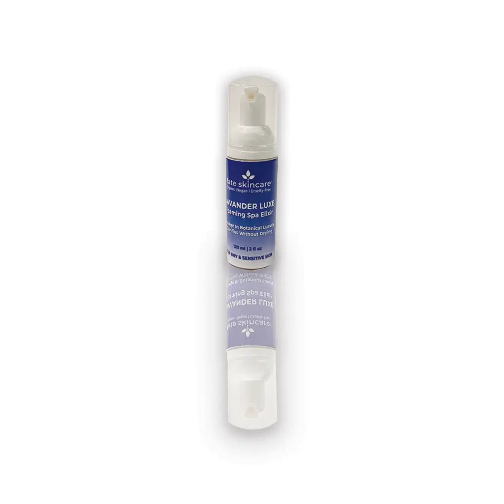 Lavender Luxe Foaming Spa Elixir by Fate Skincare in a 2 oz pump bottle, crafted to cleanse and refresh sensitive skin without dryness.
