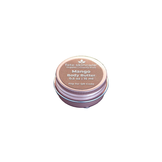 Fate Skincare Mango Body Butter 0.05 oz rose gold tin organic cruelty free moisturizer for soft nourished skin.