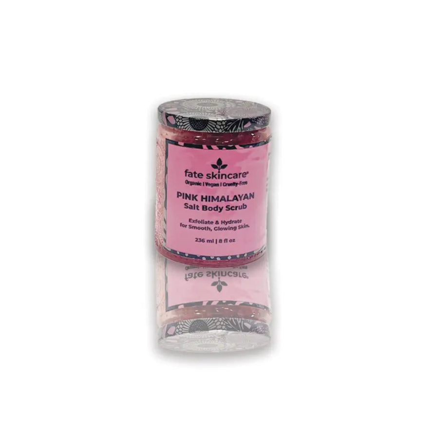 Large 8 oz jar of Pink Himalayan Salt Body Scrub™ by Fate Skincare, designed to exfoliate, detox, and hydrate for smooth, radiant skin.