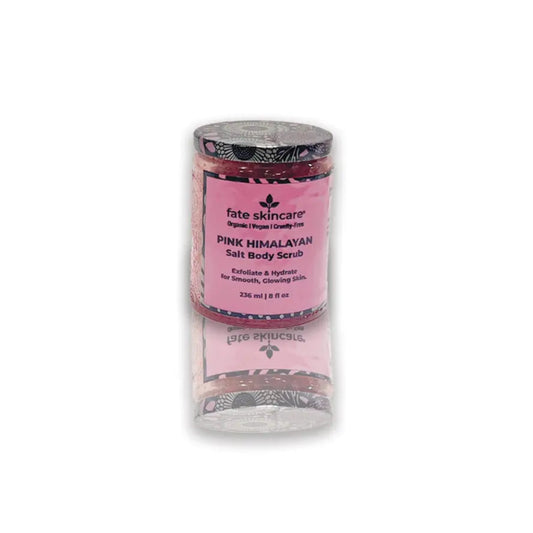 Large 8 oz jar of Pink Himalayan Salt Body Scrub™ by Fate Skincare, designed to exfoliate, detox, and hydrate for smooth, radiant skin.
