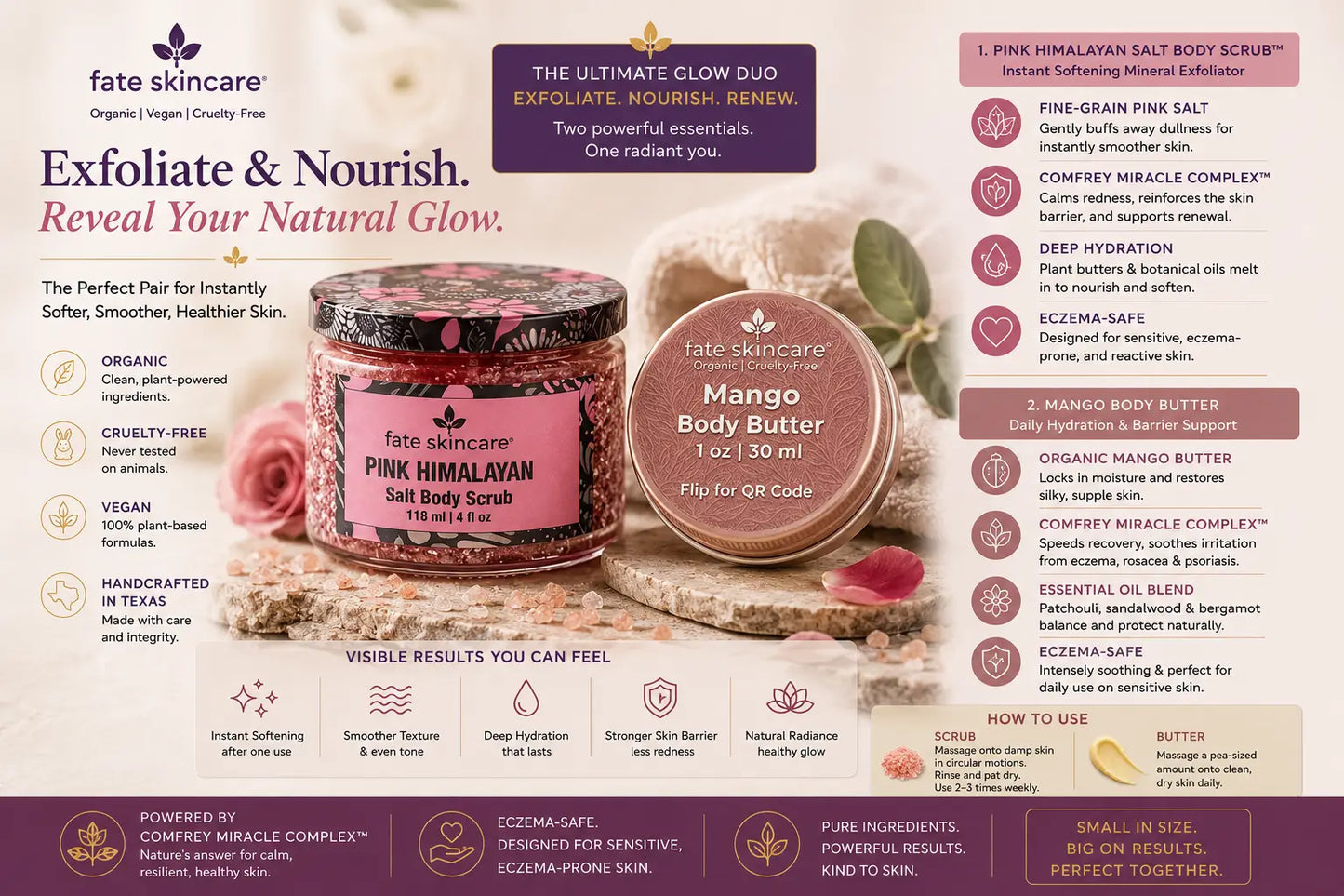 Luxury skincare advertisement featuring Fate Skincare’s Glow Renewal Duo™ with Himalayan Salt Body Scrub™ and Organic Mango Body Butter displayed in an elegant spa-inspired setting with botanical accents, soft neutral lighting, and pink Himalayan salt crystals. The eczema-safe body care bundle is designed for sensitive and eczema-prone skin, delivering instant softness, deep hydration, and radiant glow with Comfrey Miracle Complex™.