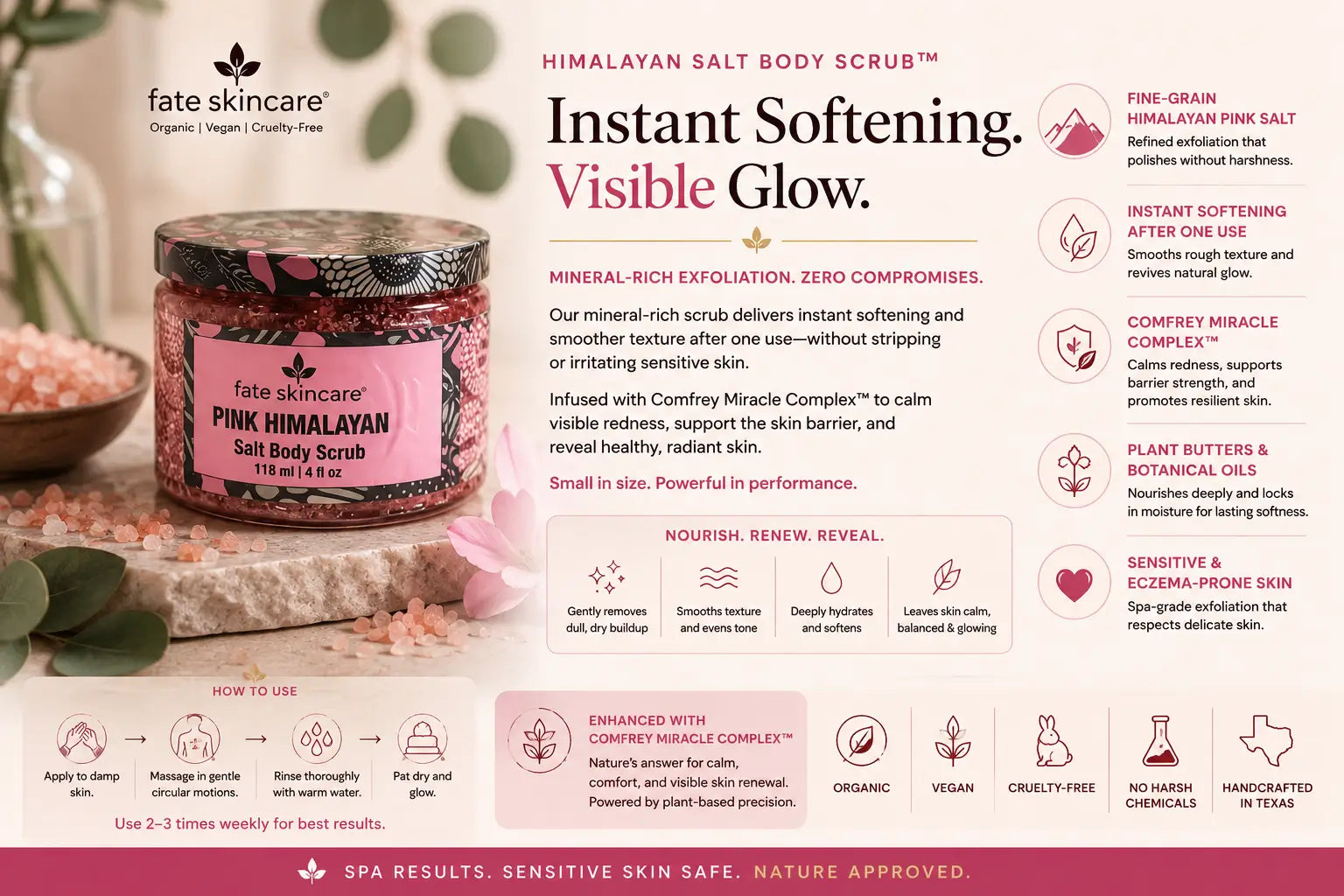 Luxury spa-inspired skincare advertisement featuring Fate Skincare’s Himalayan Salt Body Scrub™ displayed on cream travertine with pink Himalayan salt crystals, botanical accents, and warm neutral lighting. The eczema-safe mineral exfoliator is designed to instantly soften rough skin, smooth texture, support the skin barrier with Comfrey Miracle Complex™, and deliver a hydrated radiant glow without irritation.