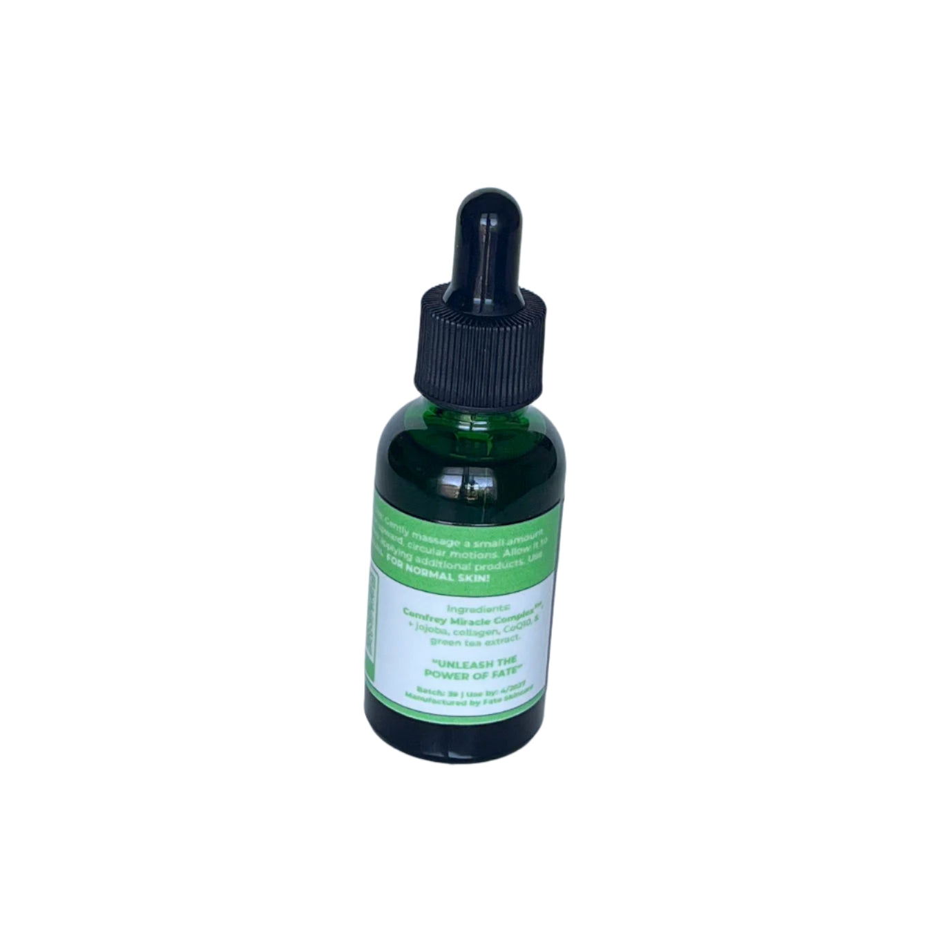 Back label view of Fate Skincare’s Hydrating Face Serum, listing ingredients such as Comfrey Miracle Complex™, jojoba, collagen, and green tea extract, with batch details.