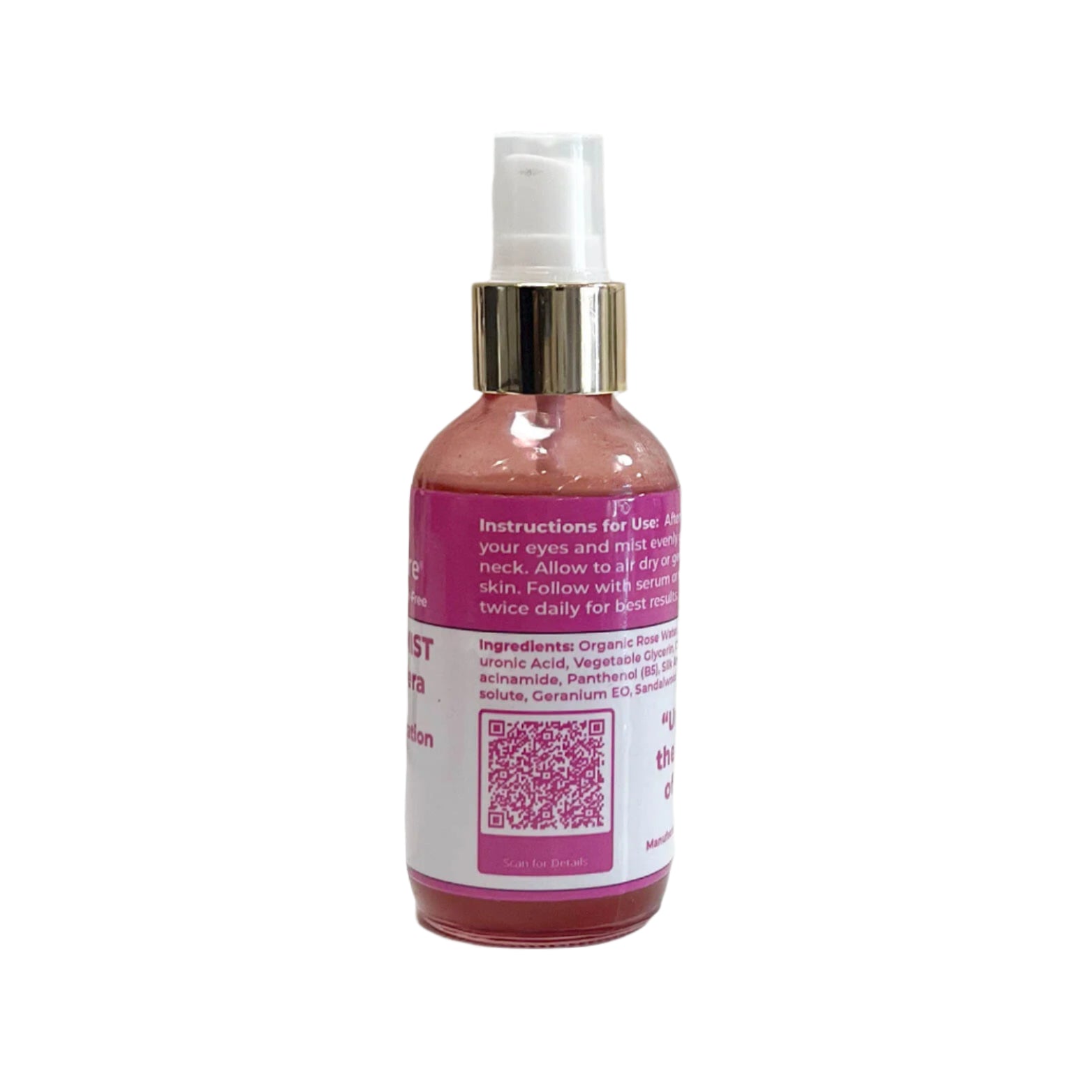 A close-up of the back label of the "Rosewater Mist Infused with Aloe Vera" bottle, listing ingredients such as organic rose water, hyaluronic acid, vegetable glycerin, cucumber extract, niacinamide, panthenol (B5), silk amino acids, and essential oils like geranium, sandalwood, and frankincense. A QR code for additional details is also present.

