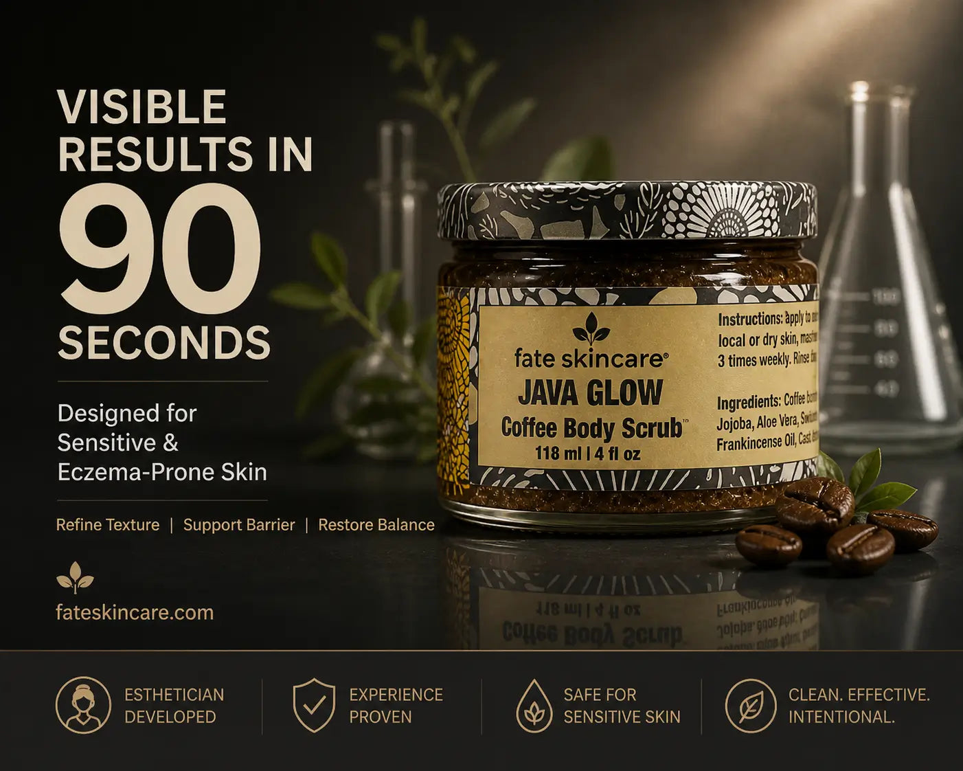 Java Glow Coffee Body Scrub™ by Fate Skincare displayed in a clinical-luxury setting with dark matte background, soft lighting, and subtle botanical elements. The glass jar with patterned lid is positioned beside coffee beans and lab-style glassware. Text reads “Visible Results in 90 Seconds” and highlights benefits for sensitive and eczema-prone skin, including refining texture, supporting the skin barrier, and restoring balance.
