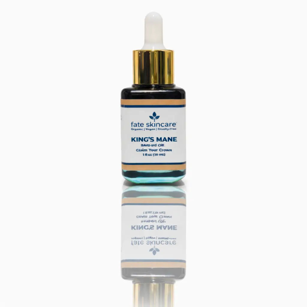King’s Mane Beard Oil by Fate Skincare in 1 oz glass dropper bottle with gold cap, designed for eczema-prone and sensitive skin, luxury botanical formula for beard and skin care
