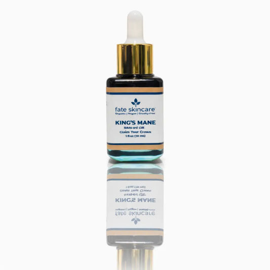 King’s Mane Beard Oil by Fate Skincare in 1 oz glass dropper bottle with gold cap, designed for eczema-prone and sensitive skin, luxury botanical formula for beard and skin care