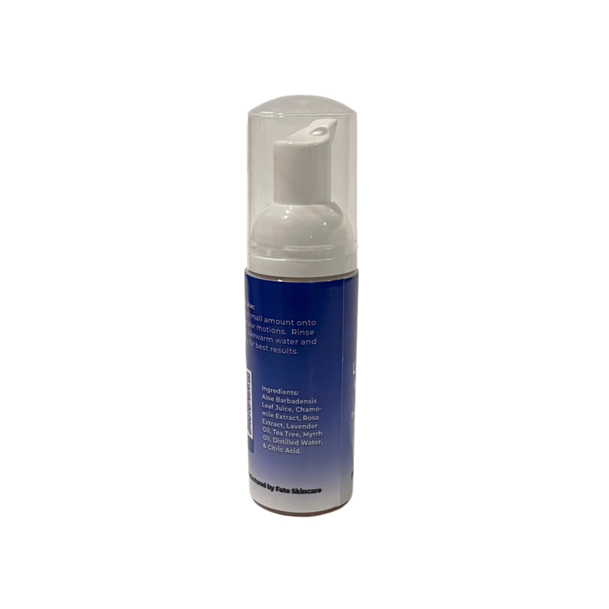 Side view of Lavander Luxe Foaming Spa Elixir featuring the ingredient list including aloe juice, chamomile, lavender, myrrh, and tea tree oil.