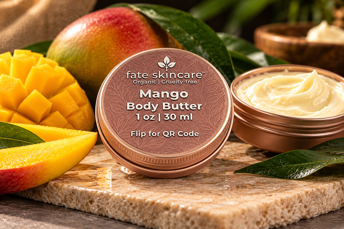 Fate Skincare™ Mango Body Butter in a rose-gold 1 oz tin, displayed with fresh mango slices, botanical leaves, and rich body butter on a natural stone surface.