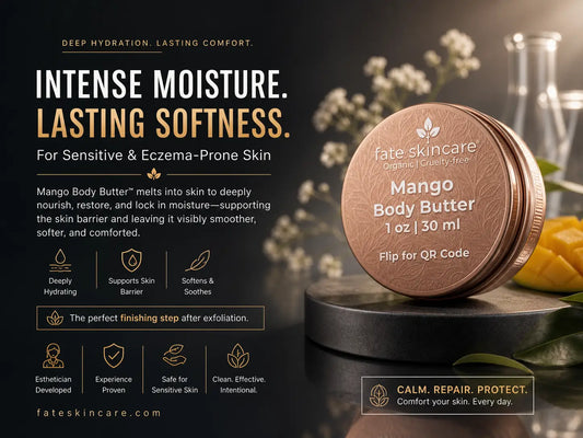 Fate Skincare Mango Body Butter™ in a rose gold tin displayed beside fresh mango on a dark luxury background. Advertisement highlights deep hydration, skin barrier support, lasting softness, and comfort for sensitive, dry, and eczema-prone skin.