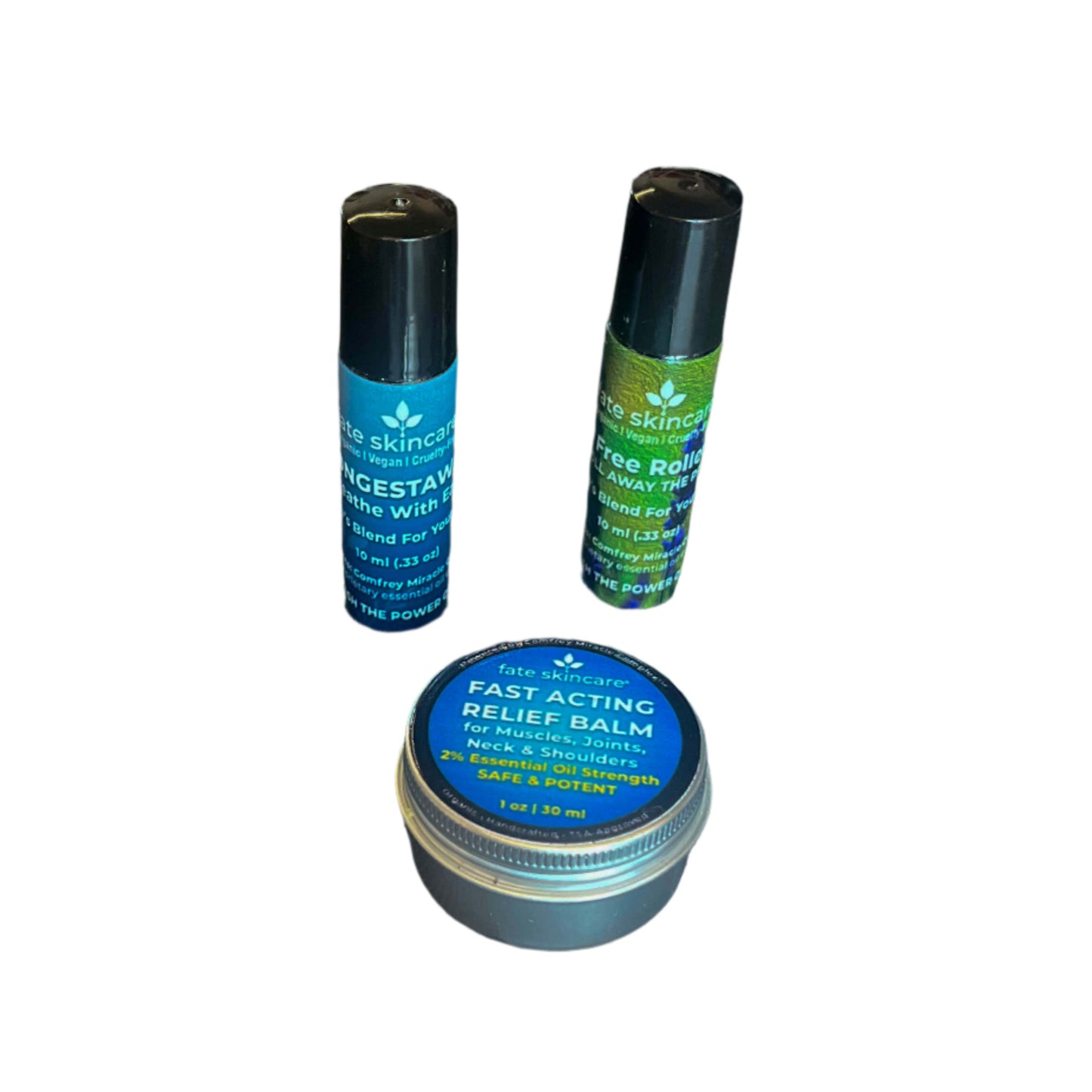 Fate Skincare Natural Pain Relief Kit with Fast Acting Relief Balm, Pain-Free Joint Roller, and CongestAway Breath Support for muscle, joint, and sinus relief
