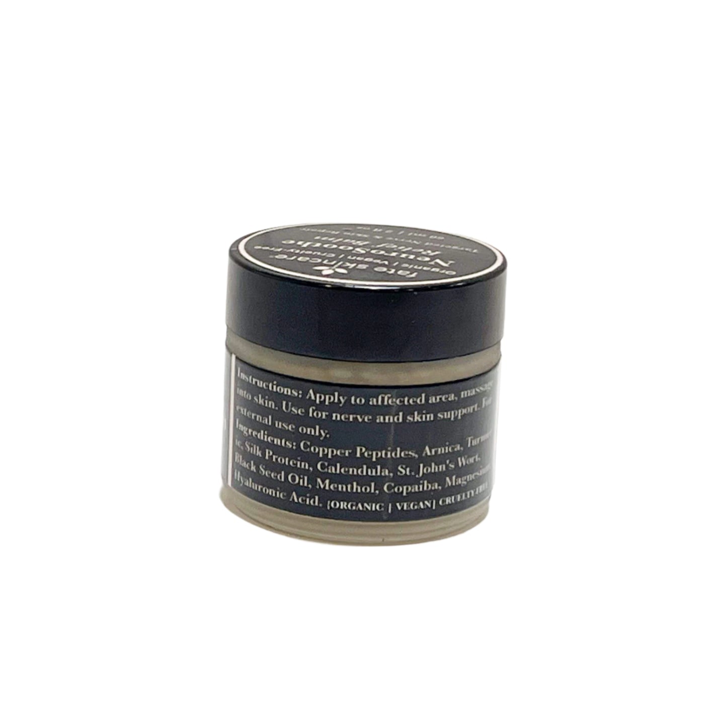Back label of Fate Skincare’s NeuroSoothe Relief Balm, showing directions for use and a powerful blend of copper peptides, turmeric, arnica, and essential oils for skin and nerve support.