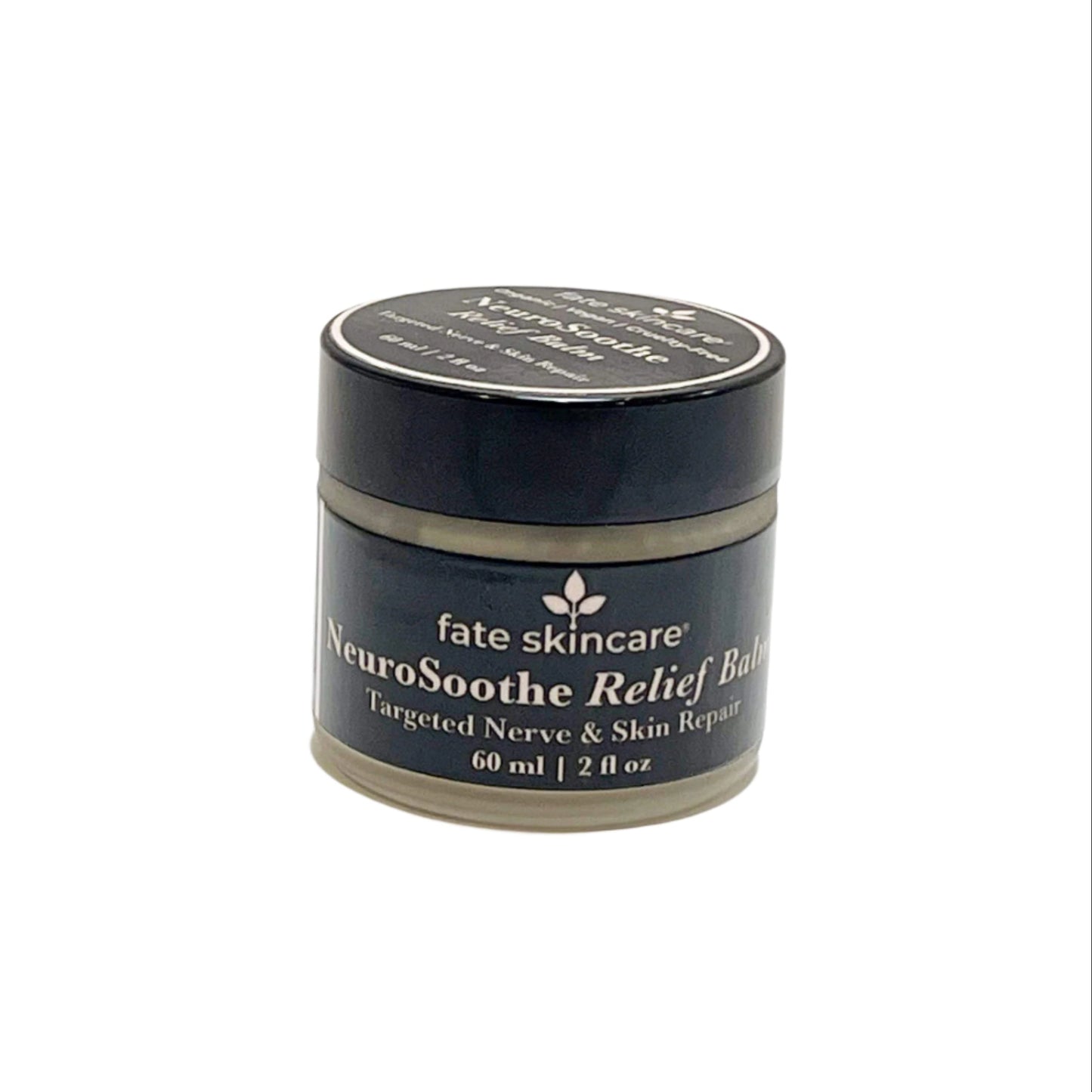  Fate Skincare’s NeuroSoothe Relief Balm, a 2 oz jar designed for targeted nerve and skin repair, displayed on a white surface with sleek black packaging.