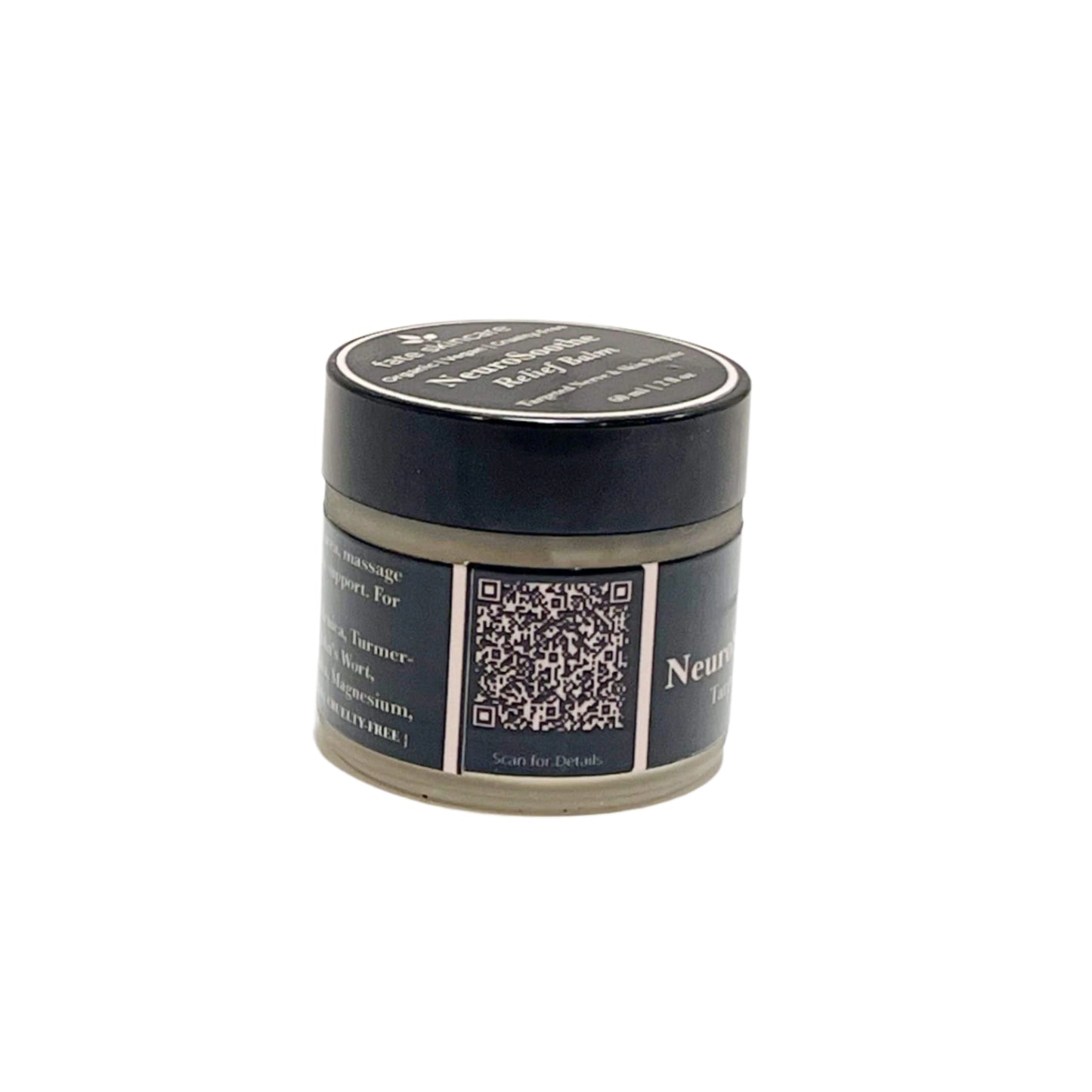 Side view of Fate Skincare’s NeuroSoothe Relief Balm, featuring a QR code for product details and a list of organic, vegan ingredients designed to soothe and restore.