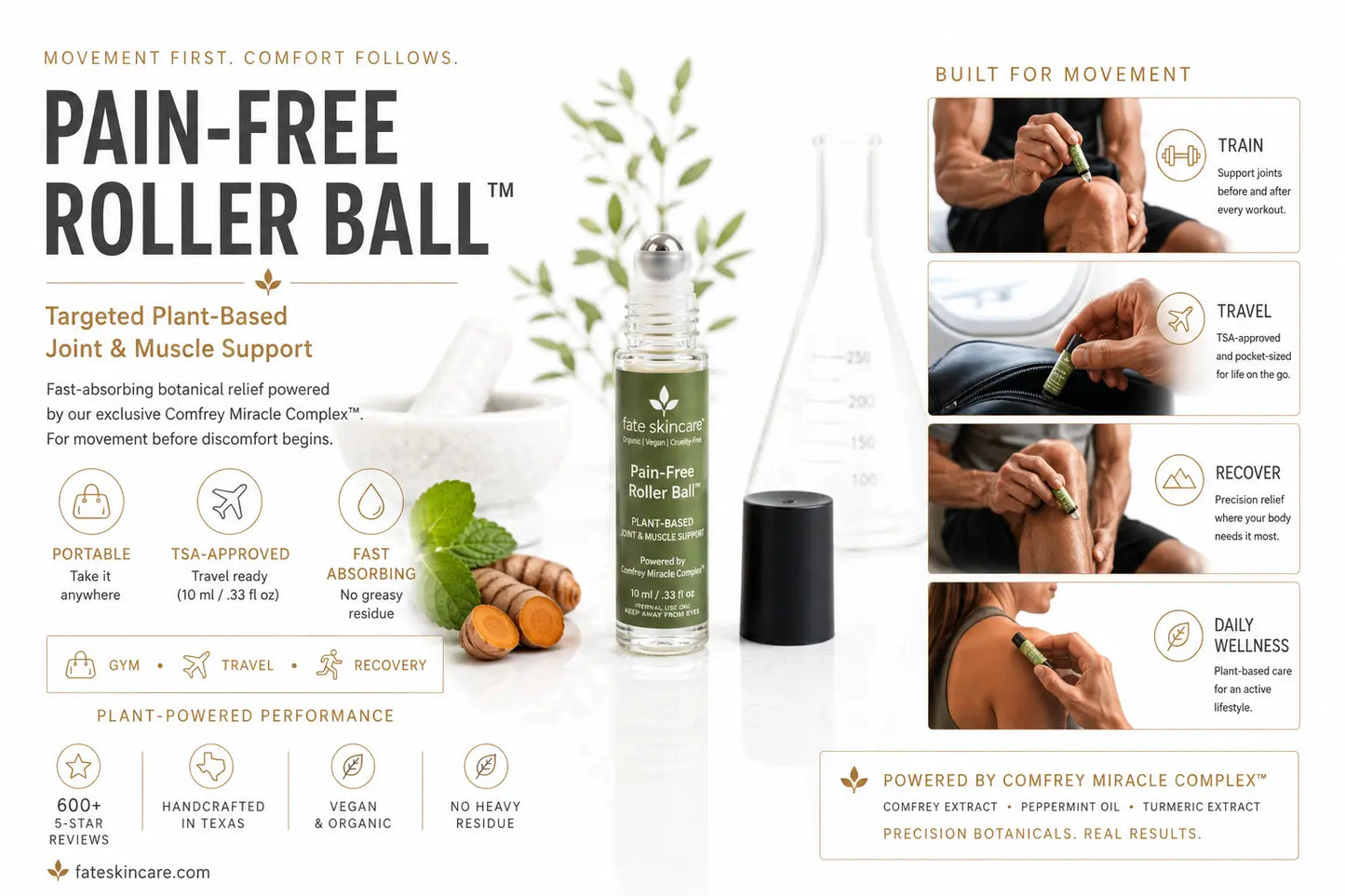 Pain-Free Roller Ball™ by Fate Skincare displayed with turmeric, peppermint, and botanical elements, highlighting portable plant-based joint and muscle support powered by Comfrey Miracle Complex™. Features fast-absorbing relief for gym recovery, travel, daily wellness, and active lifestyles in a TSA-approved 10 ml roller bottle.