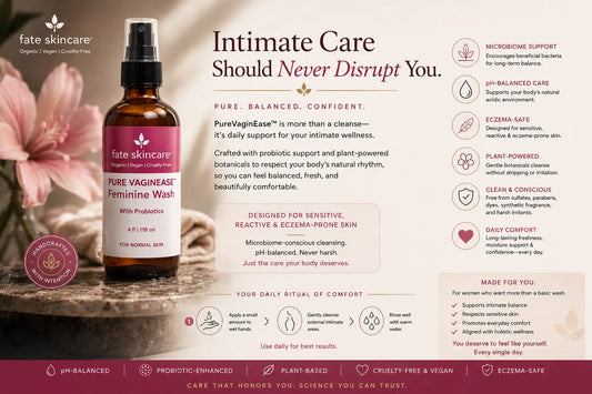 Luxury feminine wellness advertisement featuring Fate Skincare’s PureVaginEase™ Probiotic Feminine Wash displayed in an elegant spa-inspired setting with soft botanical accents and warm neutral tones. The eczema-safe, pH-balanced intimate cleanser is designed for sensitive and reactive skin, supporting microbiome balance, daily freshness, and irritation-free comfort with a calm, confident wellness aesthetic.