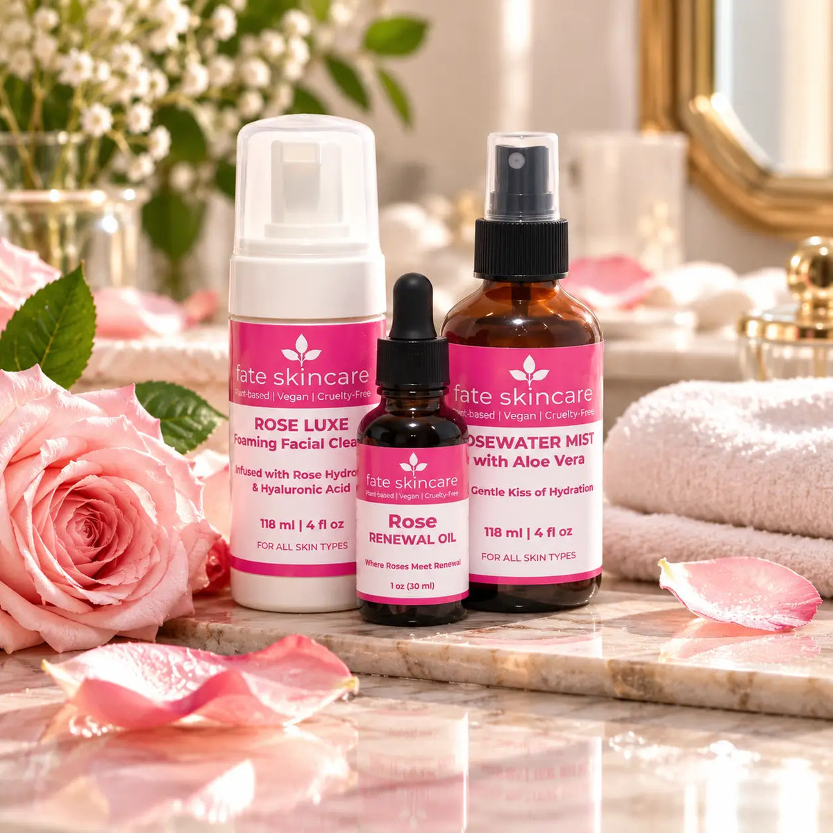 Fate Skincare™ Rose Radiance Ritual™ three-piece facial skincare set featuring Rose Luxe Foaming Facial Cleanser, Rosewater Spritzer, and Rose Renewal Oil displayed on a marble vanity with pink roses. Cleanse, refresh, and moisturize.
