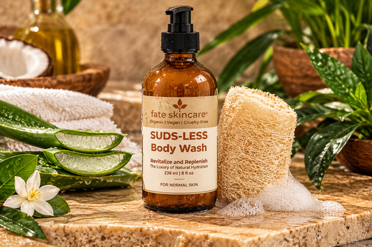 Fate Skincare™ Suds-less Body Wash in an 8 oz amber pump bottle, displayed beside a natural loofah, fresh aloe vera, botanical leaves, and soft spa towels on a warm stone surface.