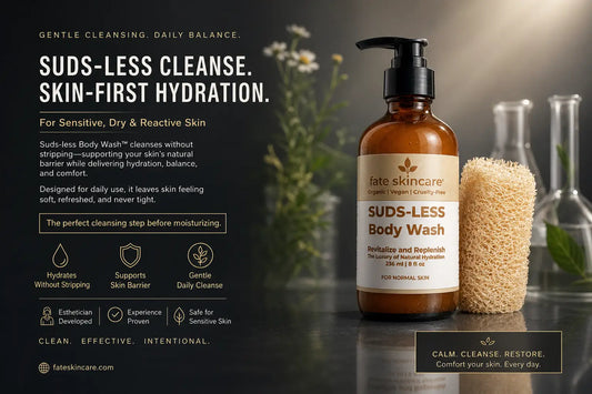 Luxury skincare advertisement featuring Fate Skincare Suds-less Body Wash™ in an amber glass bottle with a black pump beside a natural exfoliating sponge. Set on a reflective surface against a dark clinical-luxury background with soft botanical flowers and blurred laboratory glassware. Promotional text highlights gentle cleansing, skin-first hydration, and support for sensitive, dry, and reactive skin.