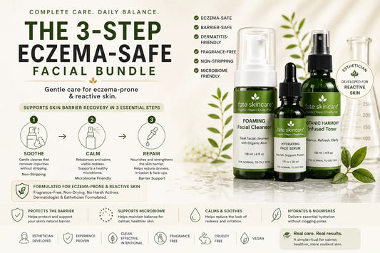 Minimalist skincare advertisement featuring Fate Skincare’s 3-step eczema-safe facial bundle with cleanser, serum, and toner for reactive and sensitive skin. The ad highlights soothing, calming, and repairing benefits with barrier-safe, fragrance-free, microbiome-friendly skincare products displayed on a soft botanical background.