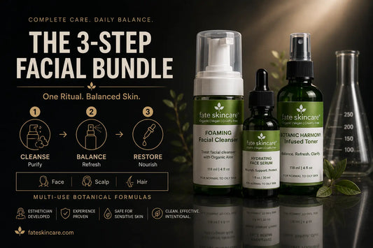 Luxury skincare advertisement featuring Fate Skincare’s 3-Step Facial Bundle, including Foaming Facial Cleanser, Hydrating Face Serum, and Botanic Harmony Infused Toner. The products are displayed on a reflective surface against a dark clinical-luxury background with soft botanical elements and blurred laboratory glassware. The design highlights a simple 3-step routine: Cleanse, Balance, Restore, with multi-use botanical formulas for face, scalp, and hair.