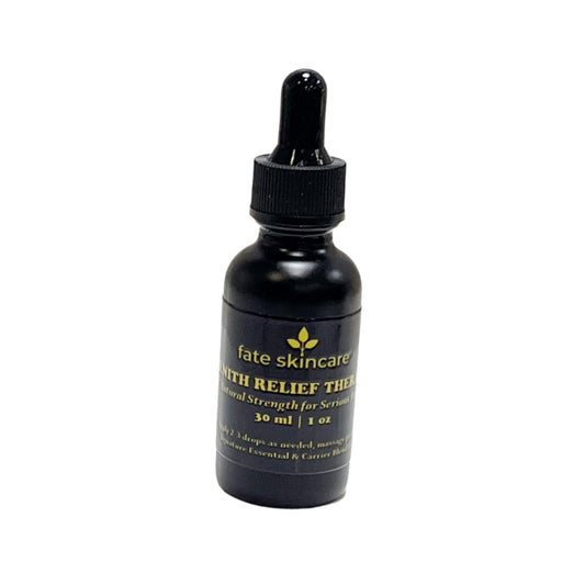 Fate Skincare’s Zenith Relief Therapy, a 1 oz black glass dropper bottle designed for serious pain relief using a potent blend of essential and carrier oils.