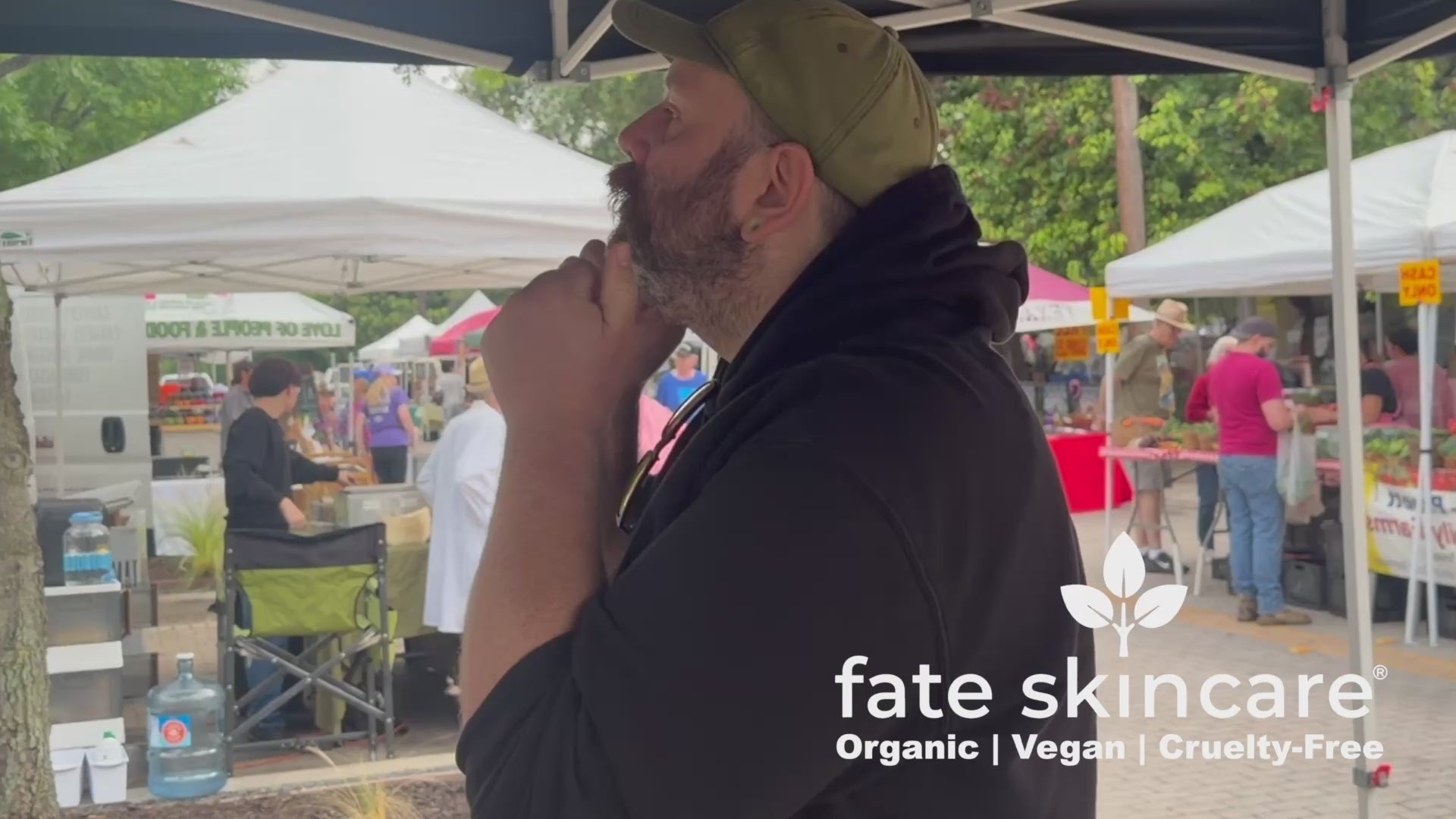 Load video: Micah stops by the Fate Skincare booth at the McKinney Farmers market and tried King's Mane Beard oil and offered a review. 